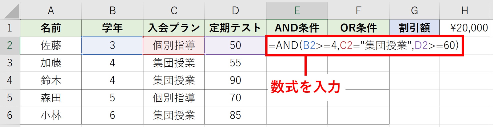 AND関数を入力した表のExcel画像